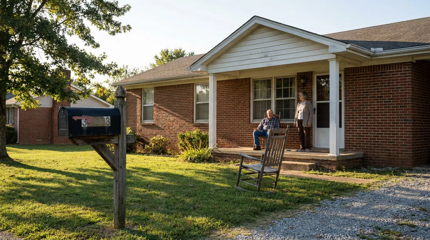 An older couple sitting on the porch of their home