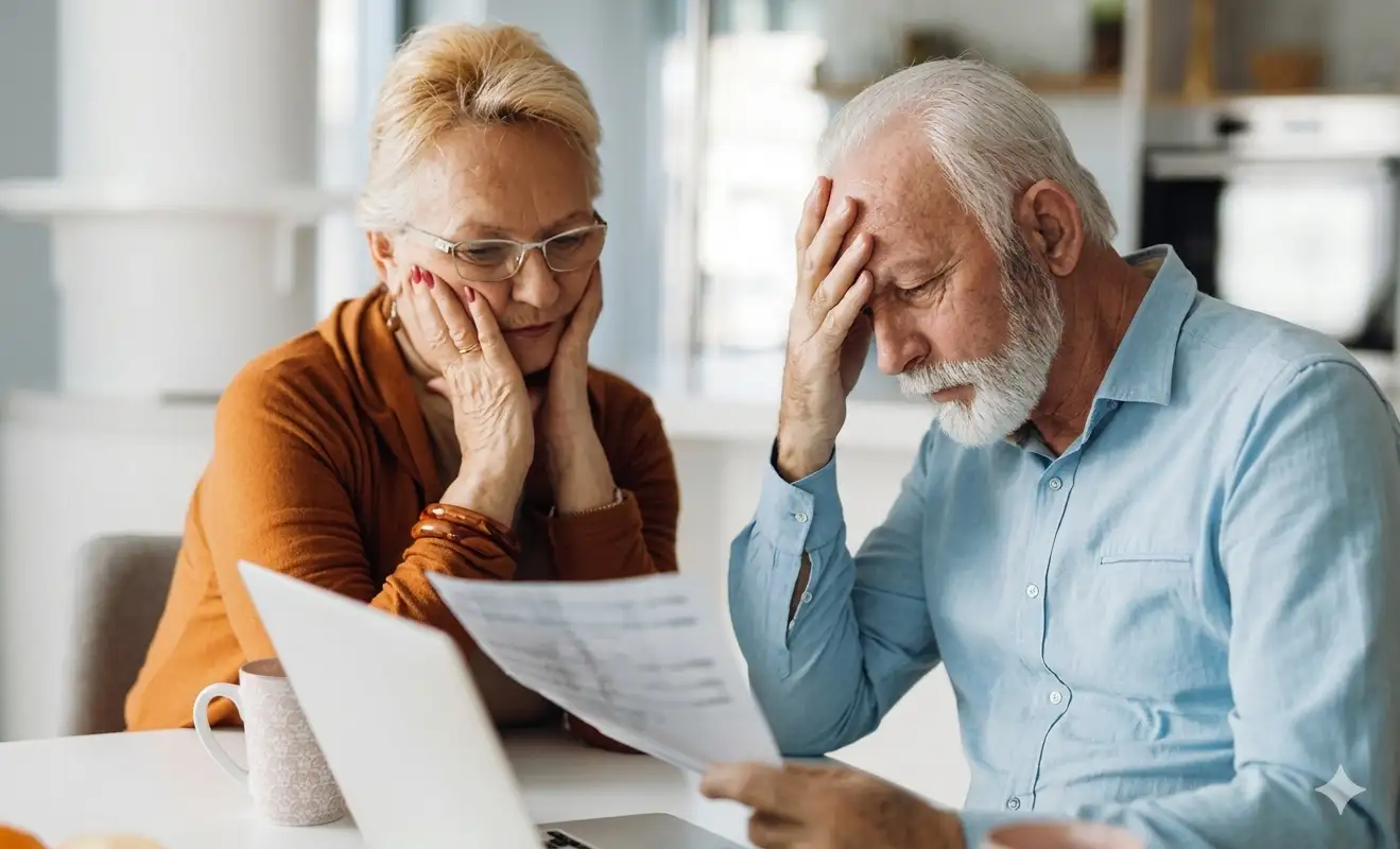 An older couple looking worried over paperwork