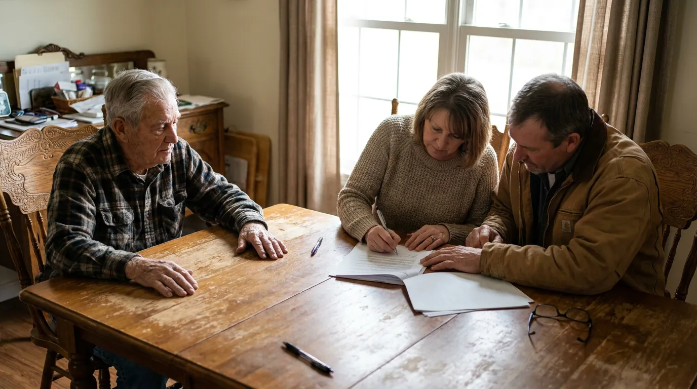 An older man and his family going through documents at a table